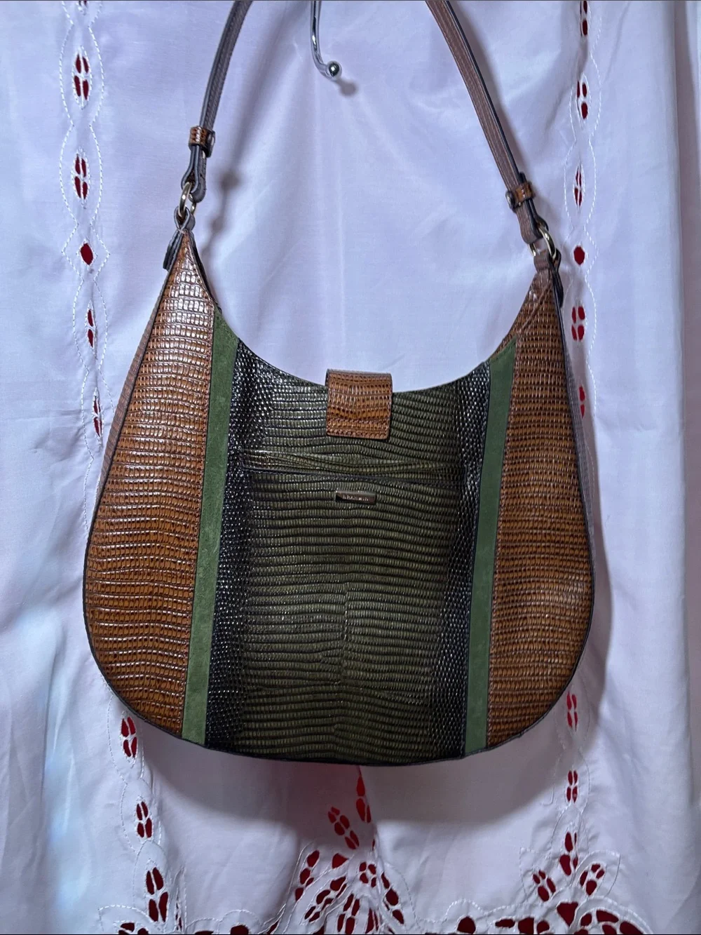 Brahmin Brown Croc-Embossed Hobo Bag with Olive Stripes